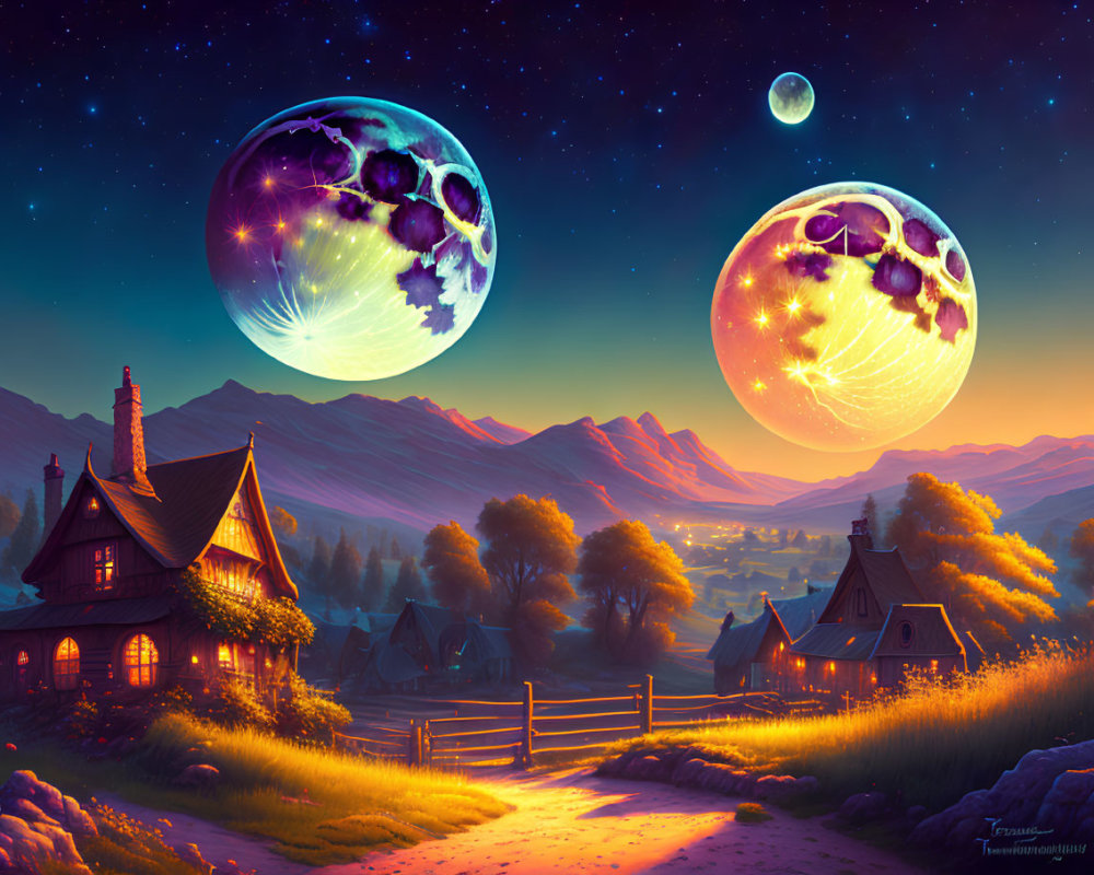 Fantasy landscape with illuminated cottage, village, rolling hills, and two moons