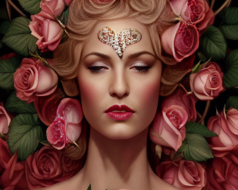 Woman with closed eyes, roses in hair, gold headpiece, surrounded by floral patterns