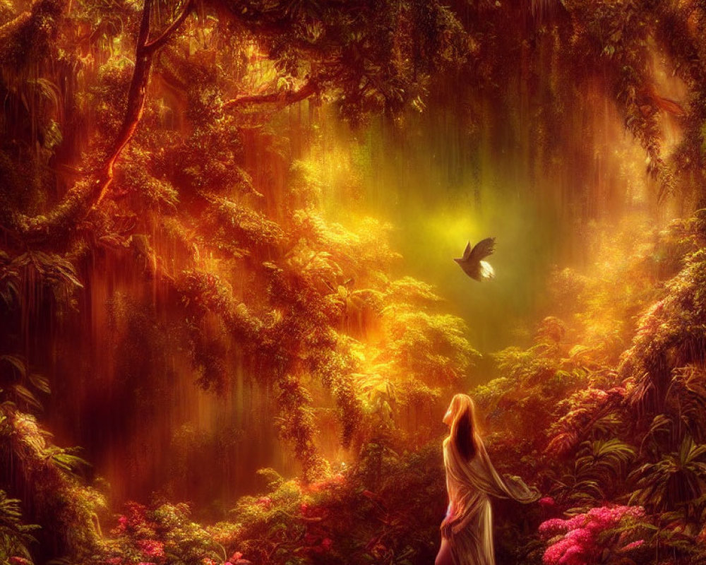 Enchanting forest scene with golden light, lush greenery, flowers, and a bird, watched