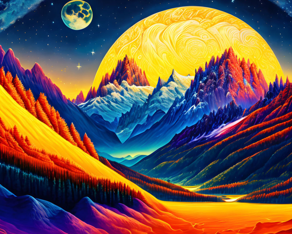 Colorful surreal landscape with swirling moon and snow-capped mountains