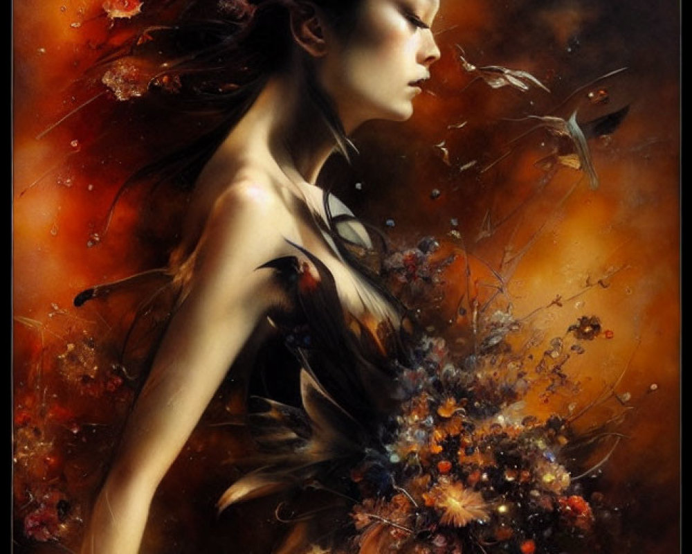 Surreal portrait of woman with side profile, vibrant flowers, fish, dark autumnal colors