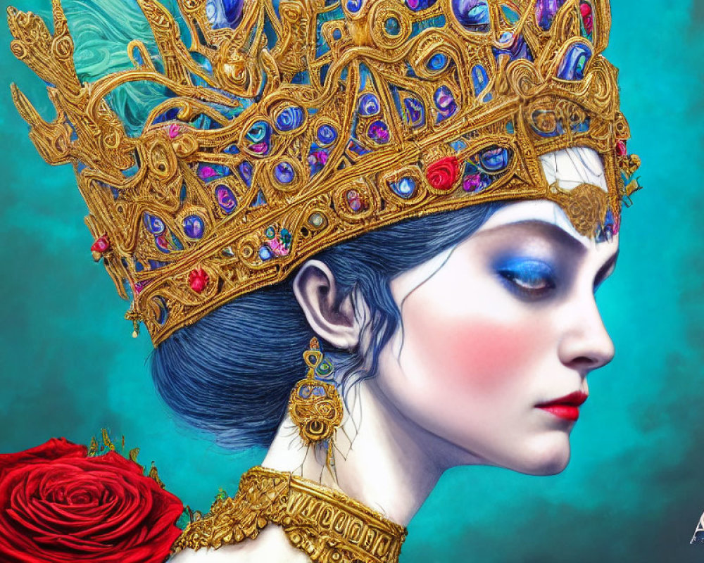 Digital Artwork: Woman with Golden Crown and Peacock Feathers