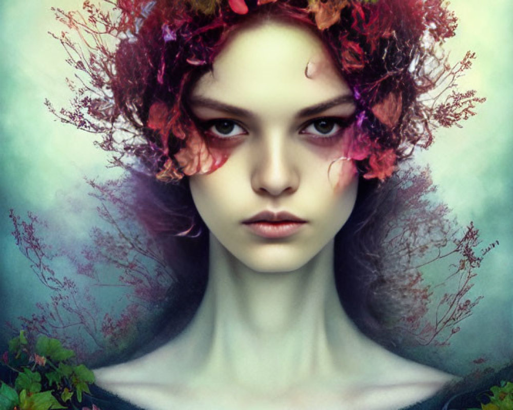 Digital portrait of woman with autumn crown, intense gaze, framed by green foliage.