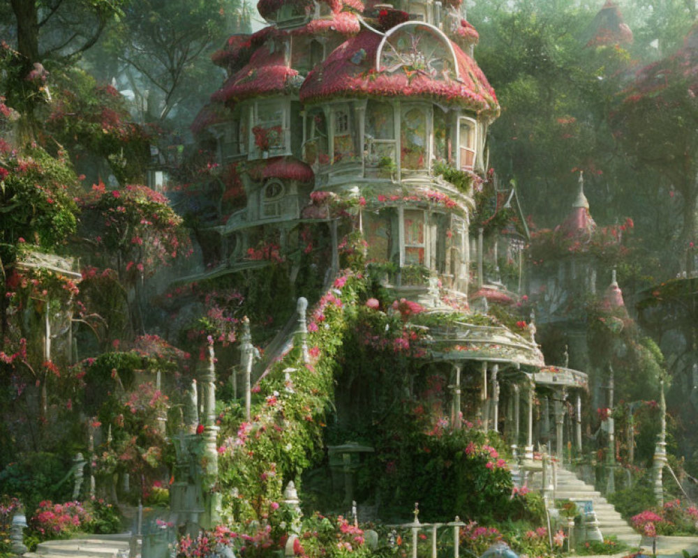 Enchanting fairy-tale castle surrounded by pink vines in ancient forest