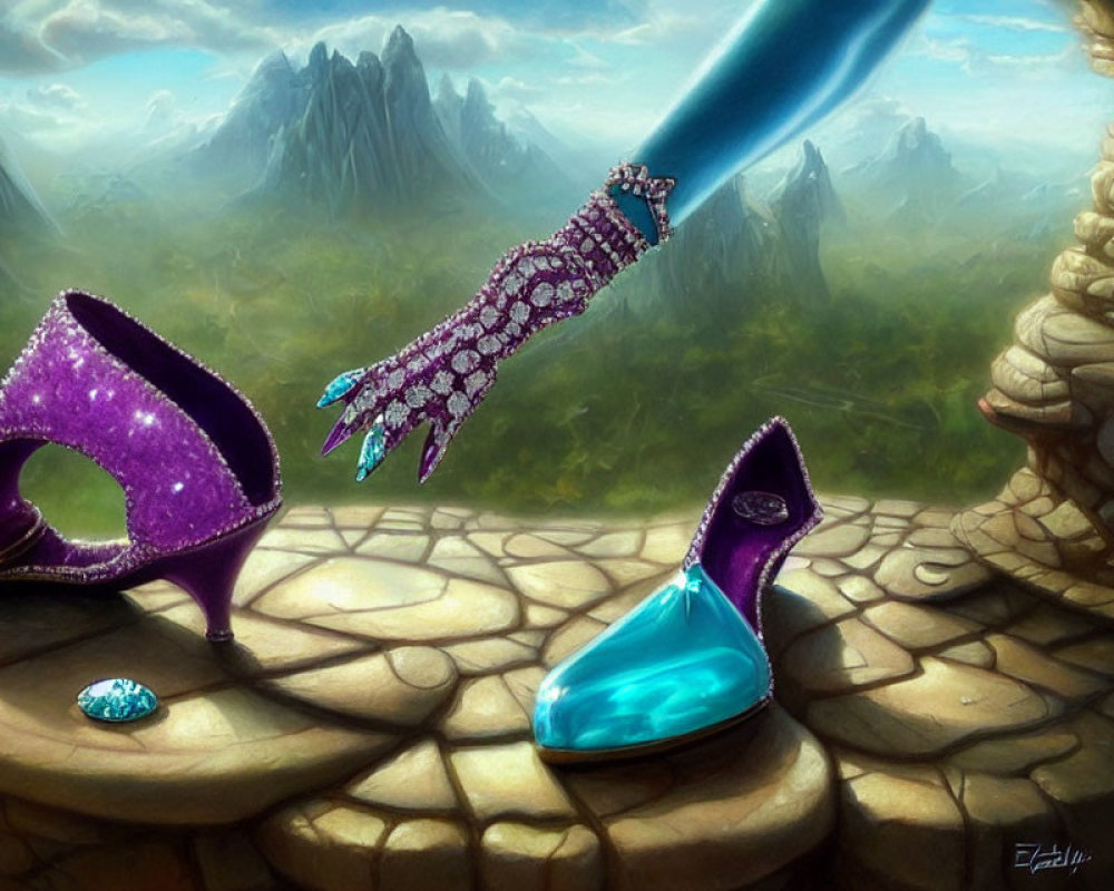 Fantastical scene: shattered amethyst heel, teal slipper, bejeweled glove,