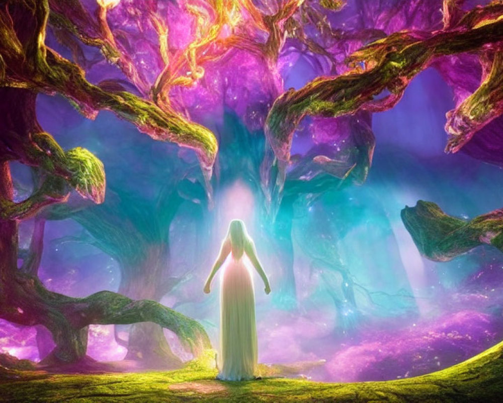 Person in Long Dress Standing in Mystical Forest with Vibrant Purple and Green Hues