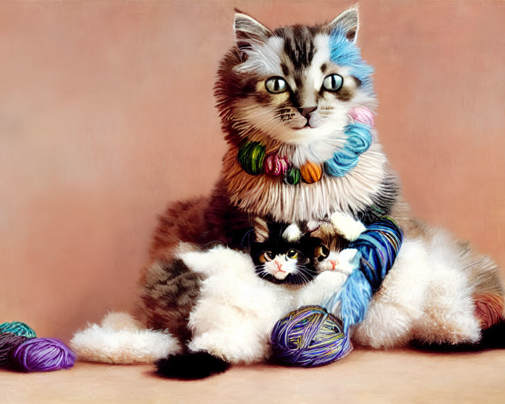 Digital artwork featuring two cats in human-like poses, one wearing a colorful yarn ball collar.