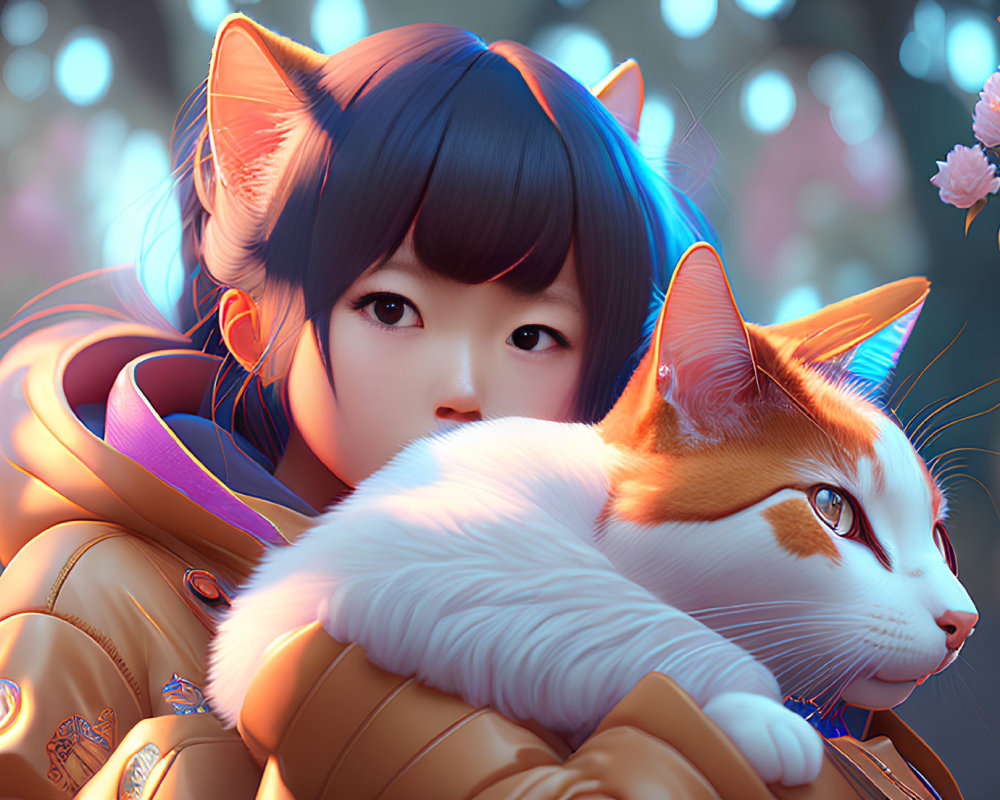 Blue Cat-Eared Girl with White and Orange Cat in Pink Blossom Setting