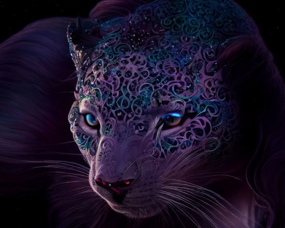 Purple leopard with blue patterns and headpiece on starry night background