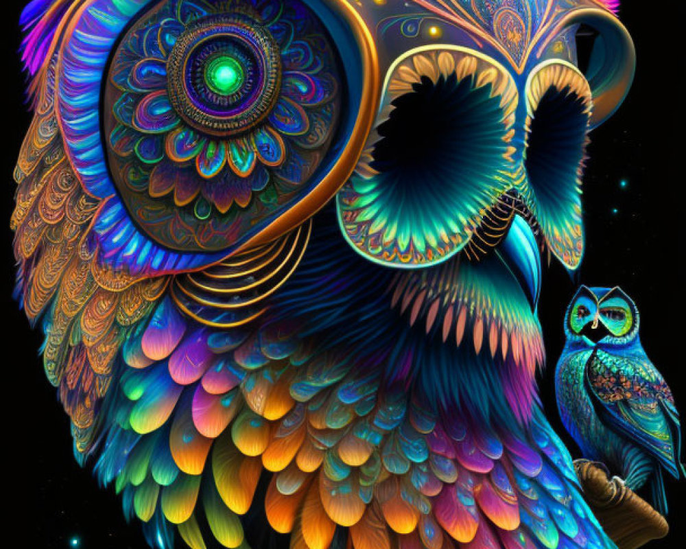 Colorful Psychedelic Owl Artwork Against Cosmic Background