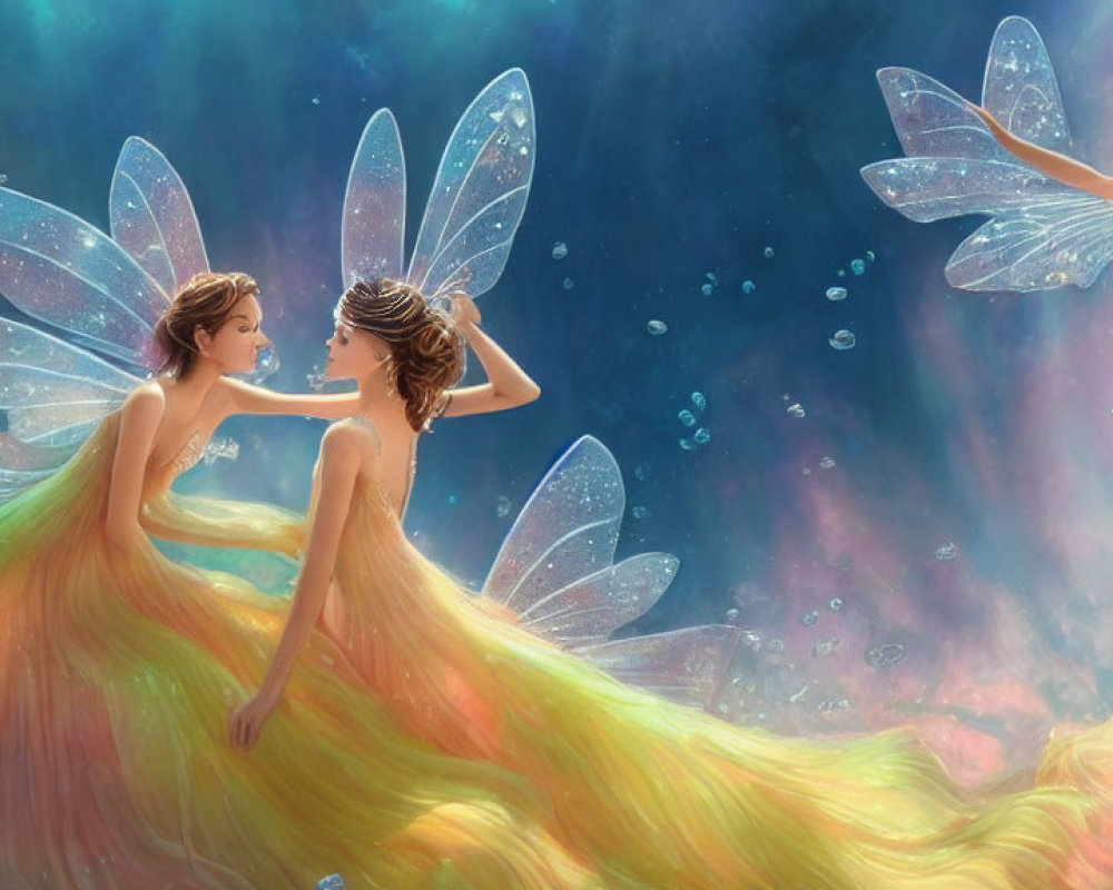 Ethereal fairies with translucent wings in vibrant nebula setting