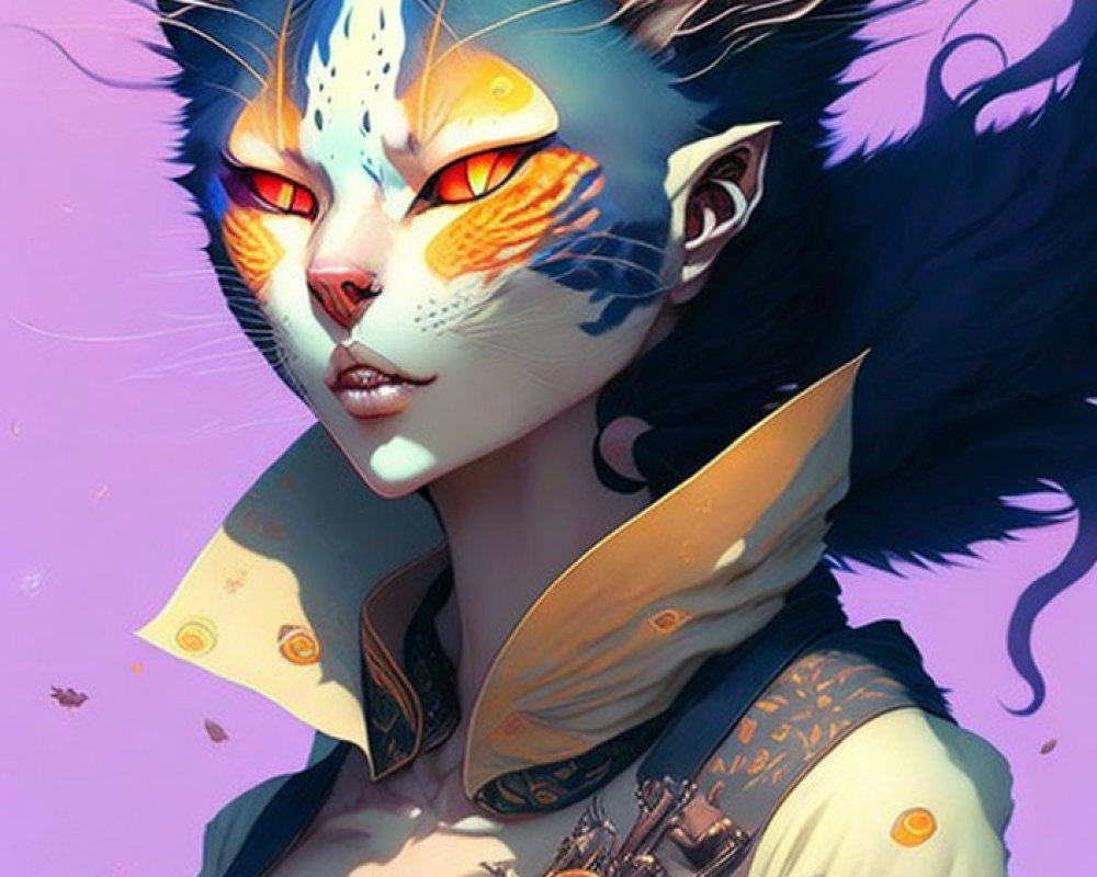 Illustration of cat-like humanoid with orange eyes, blue fur, pointed ears, ornate jewelry &