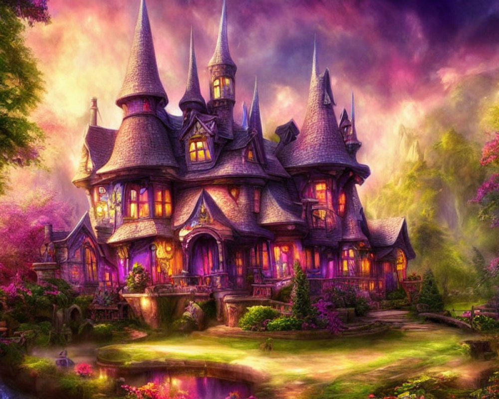 Whimsical castle in enchanted forest under purple sky