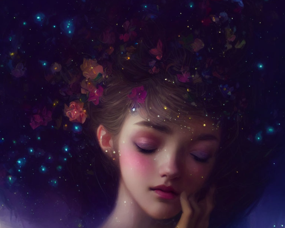 Woman with Flowers and Butterflies in Cosmic Aura