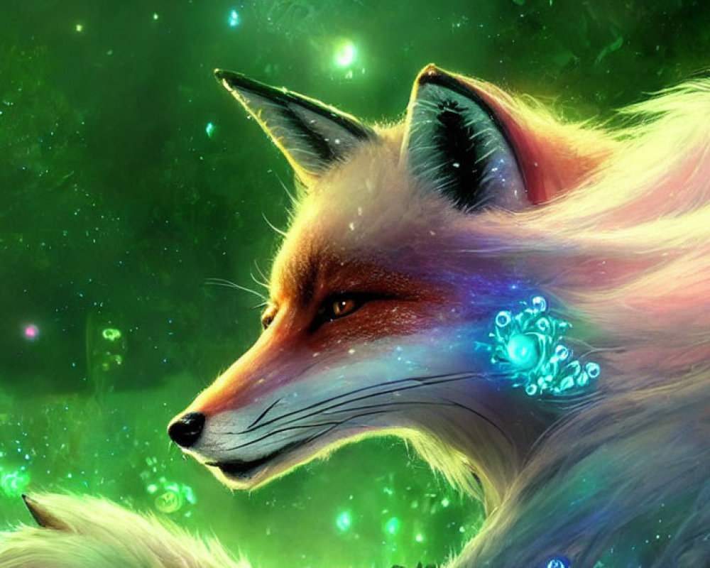 Digital Art: Fox with Blue Floral Embellishments on Green Starry Background