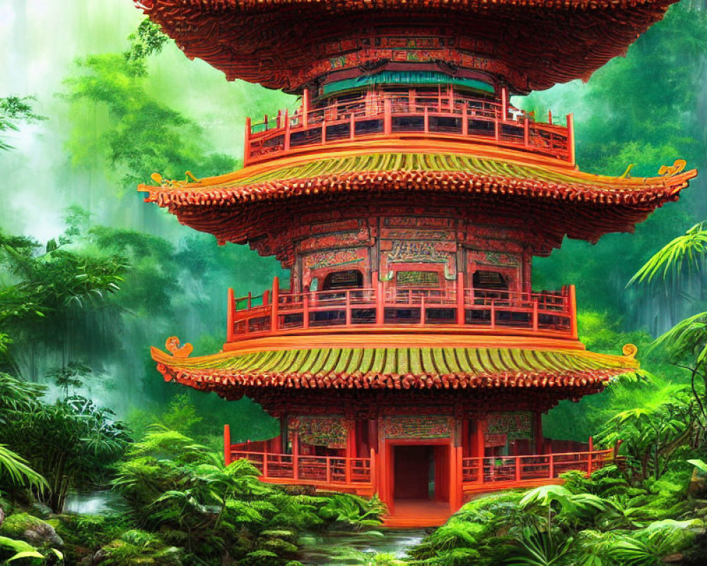 Colorful digital illustration: Traditional Asian pagoda in lush forest