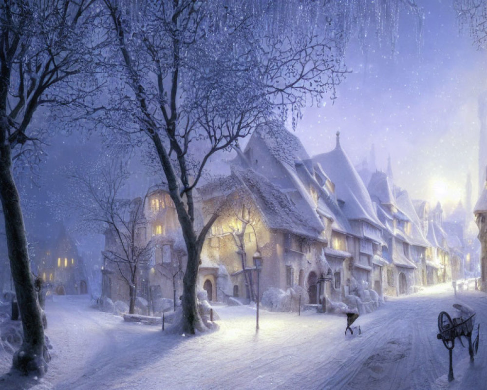 Snow-covered village with illuminated houses and figure pulling sled at twilight