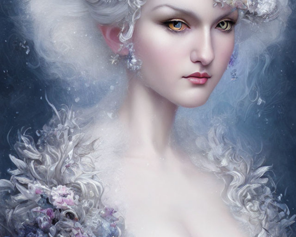 Pale-skinned woman with amber eyes and white hair adorned with flowers in feathery attire.