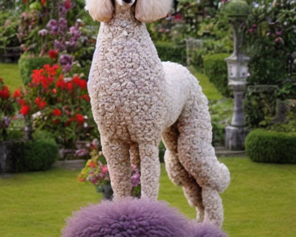 Two poodles on a lawn with trimmed hedges