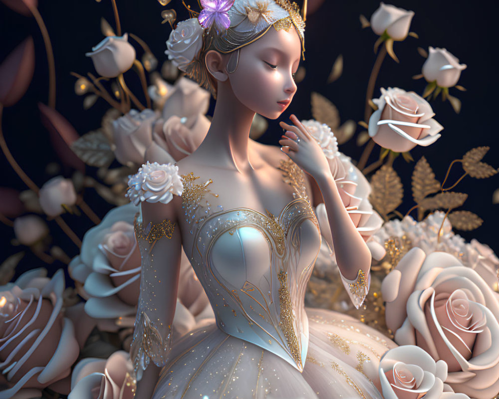 Animated princess in sparkling gown with jeweled tiara among roses