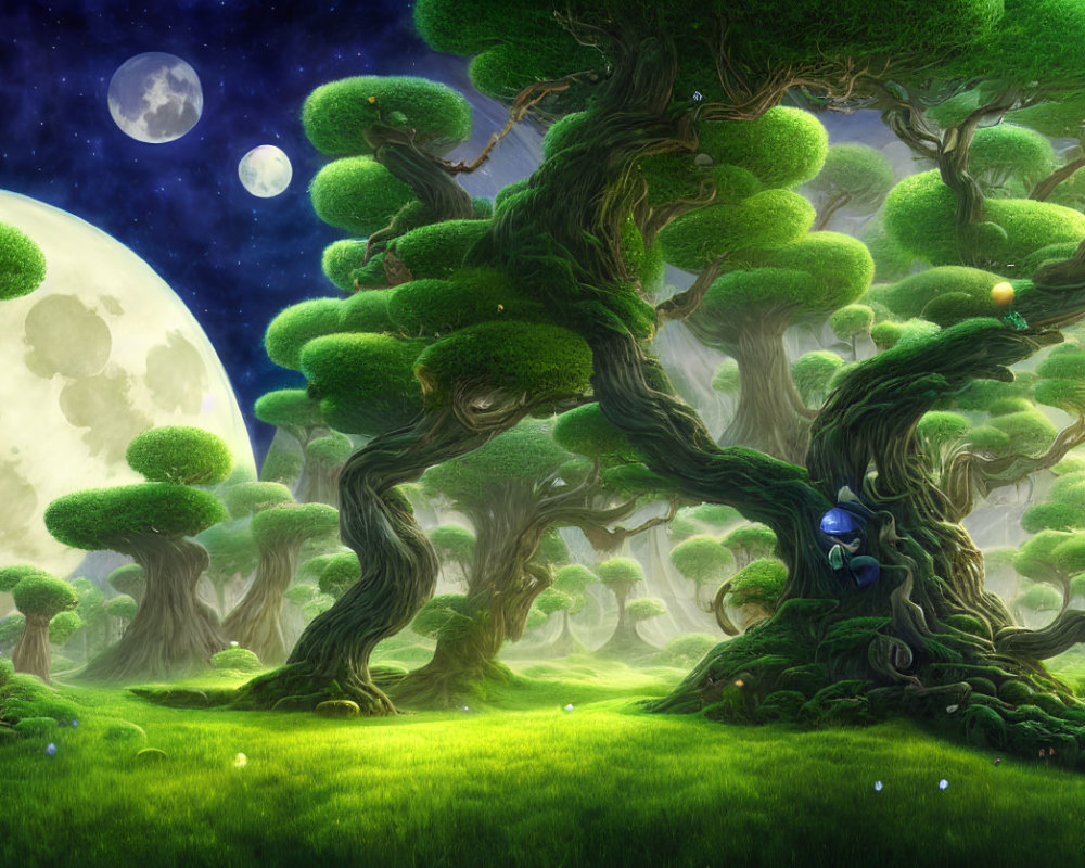 Mystical fantasy forest with twisted trees and glowing orbs at night