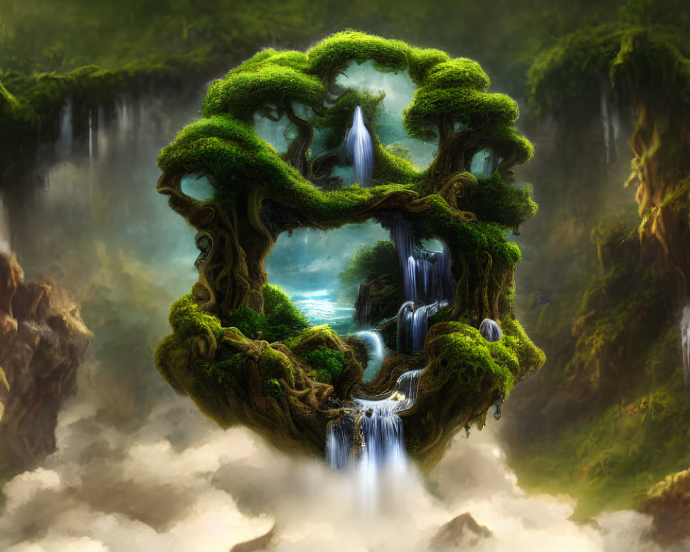 Fantasy floating island with lush greenery and waterfalls