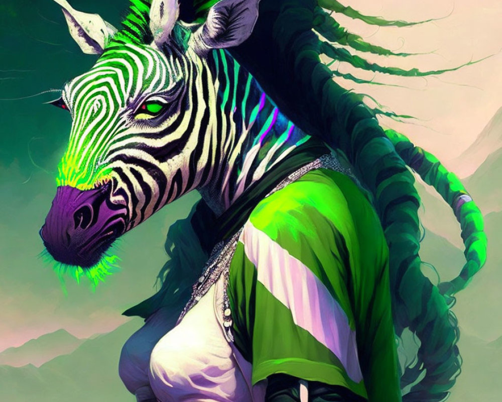 Surreal Zebra with Green Braided Hair in Mountain Scene