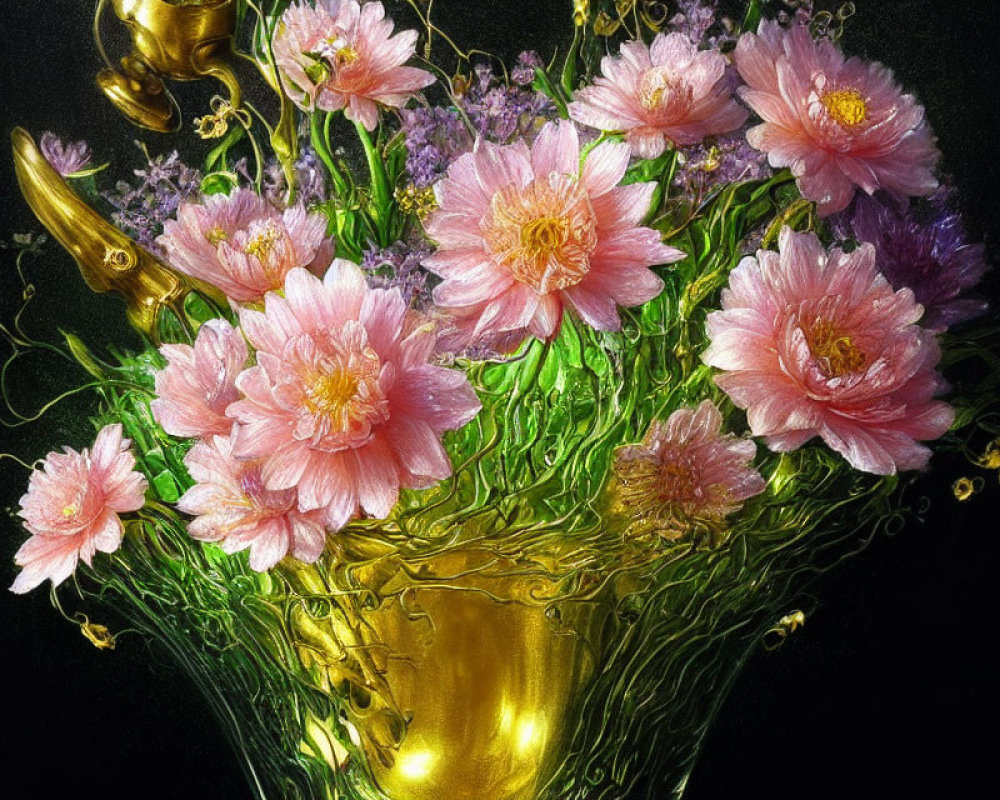 Pink flowers in gold vase on black background with gold swirls.