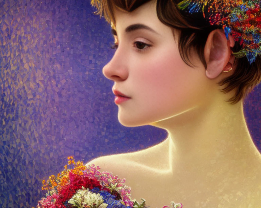 Colorful Flower Crown and Bouquet on Person's Side Profile Against Textured Purple Background