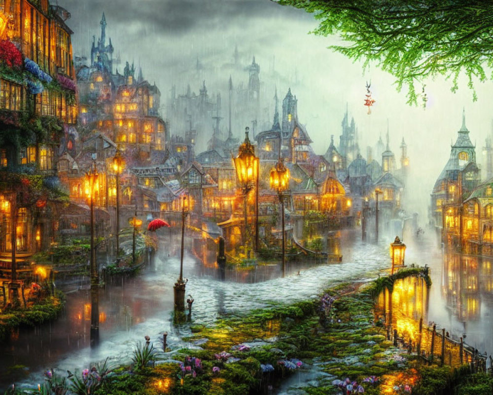 Fantastical dusk cityscape with glowing houses, vibrant flora, tranquil river, floating lanterns,