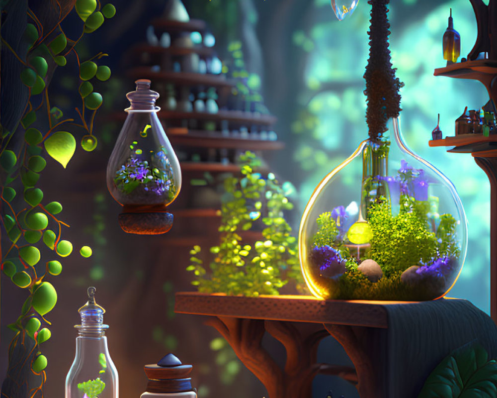 Enchanted forest scene with terrariums, potion bottles, and magical lighting