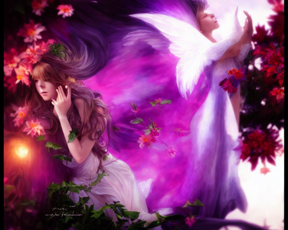 Ethereal artwork featuring two angels among vibrant flowers