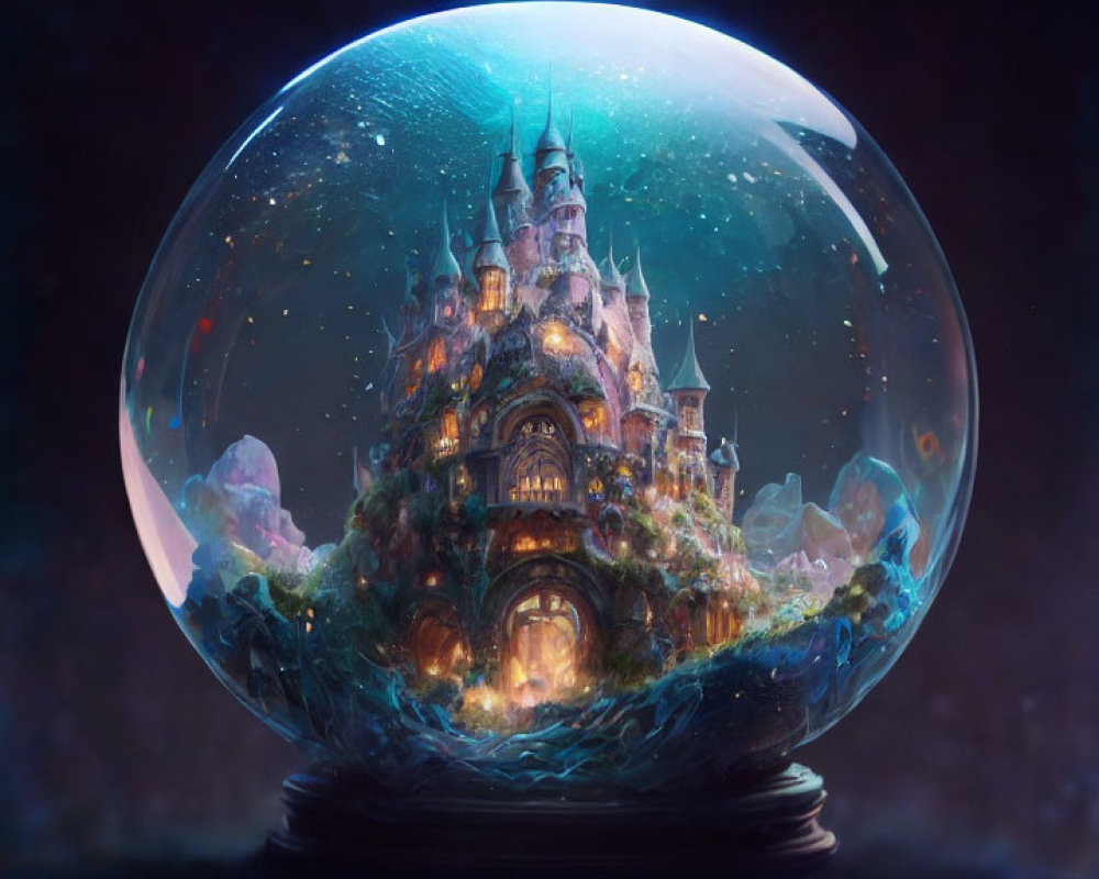 Enchanting snow globe scene with mystical castle, starlit sky, and lush greenery