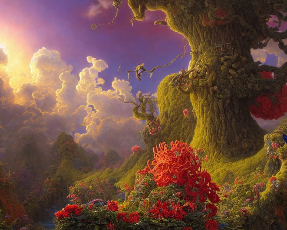 Majestic tree in vibrant fantasy landscape with colorful flora