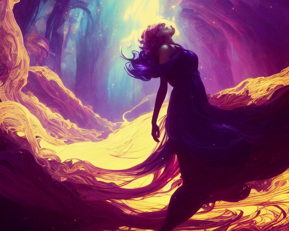 Woman in flowing dress surrounded by vibrant cosmic colors