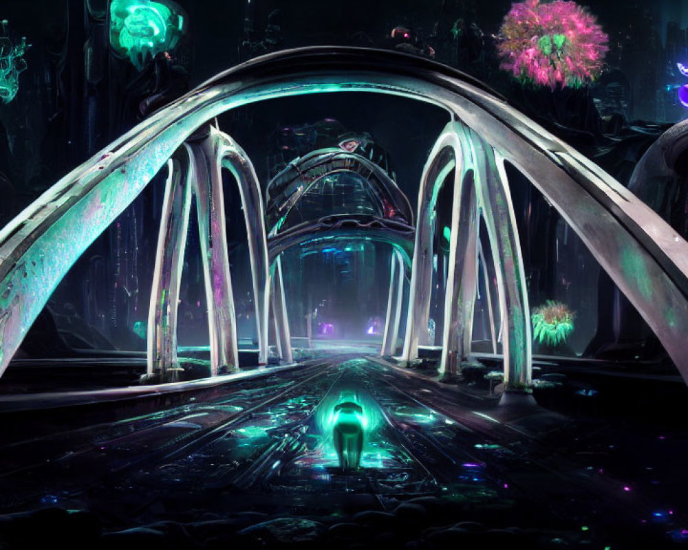 Futuristic neon-lit corridor with illuminated plant-life and green glow