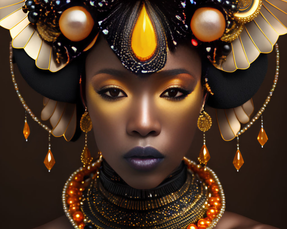 Elaborate golden headdress with beads, black pearls, and orange gems