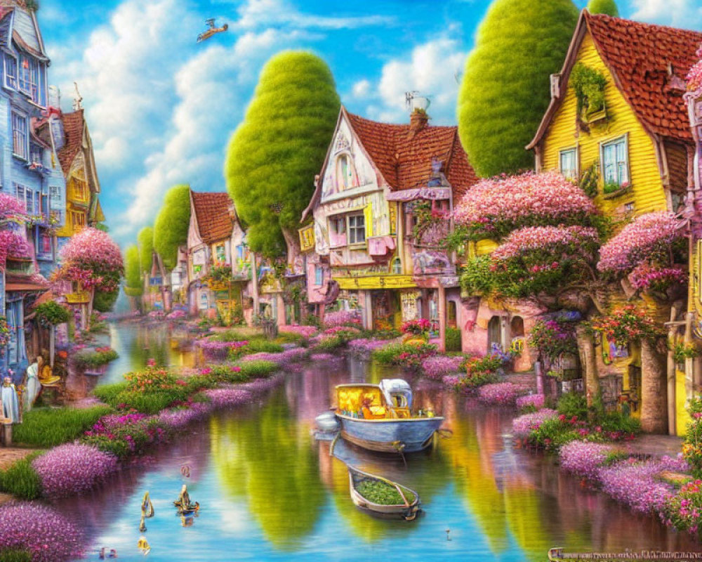 Colorful Village by Serene River with Boat and Lush Nature