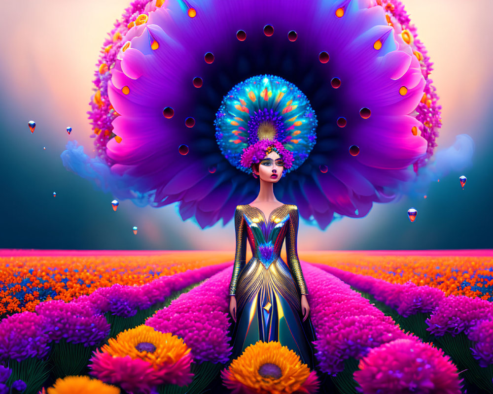 Woman in vibrant dress with surreal peacock headdress in flower field sunset scene