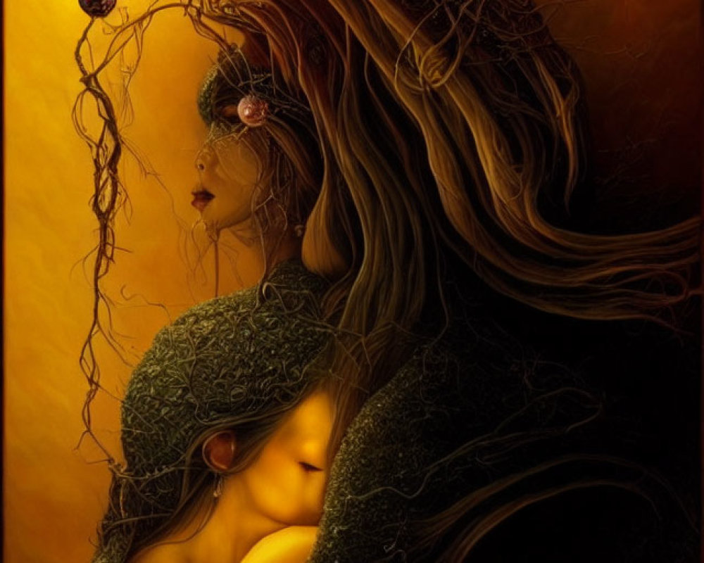 Surreal artwork: Woman with flowing hair, entwined branches, and glowing orb in warm