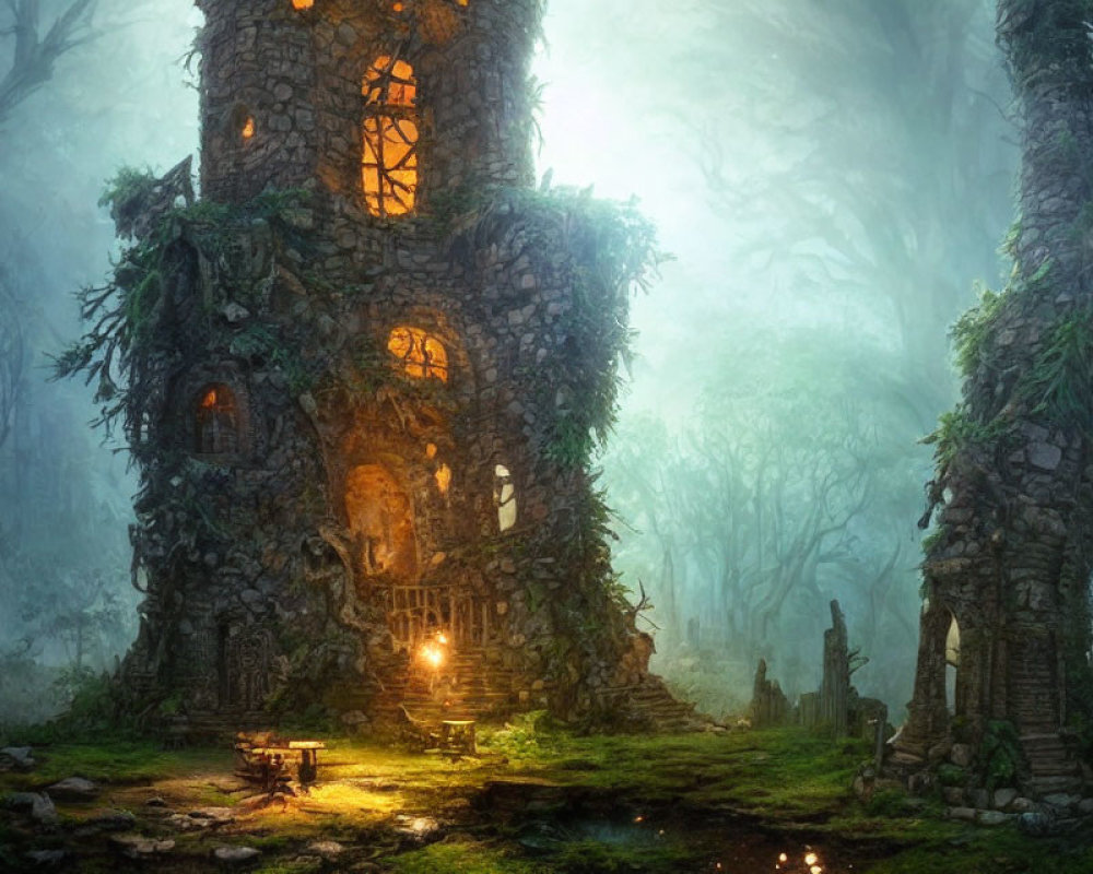 Stone tower in mystical forest with vines, fog, warm lights, and campfire