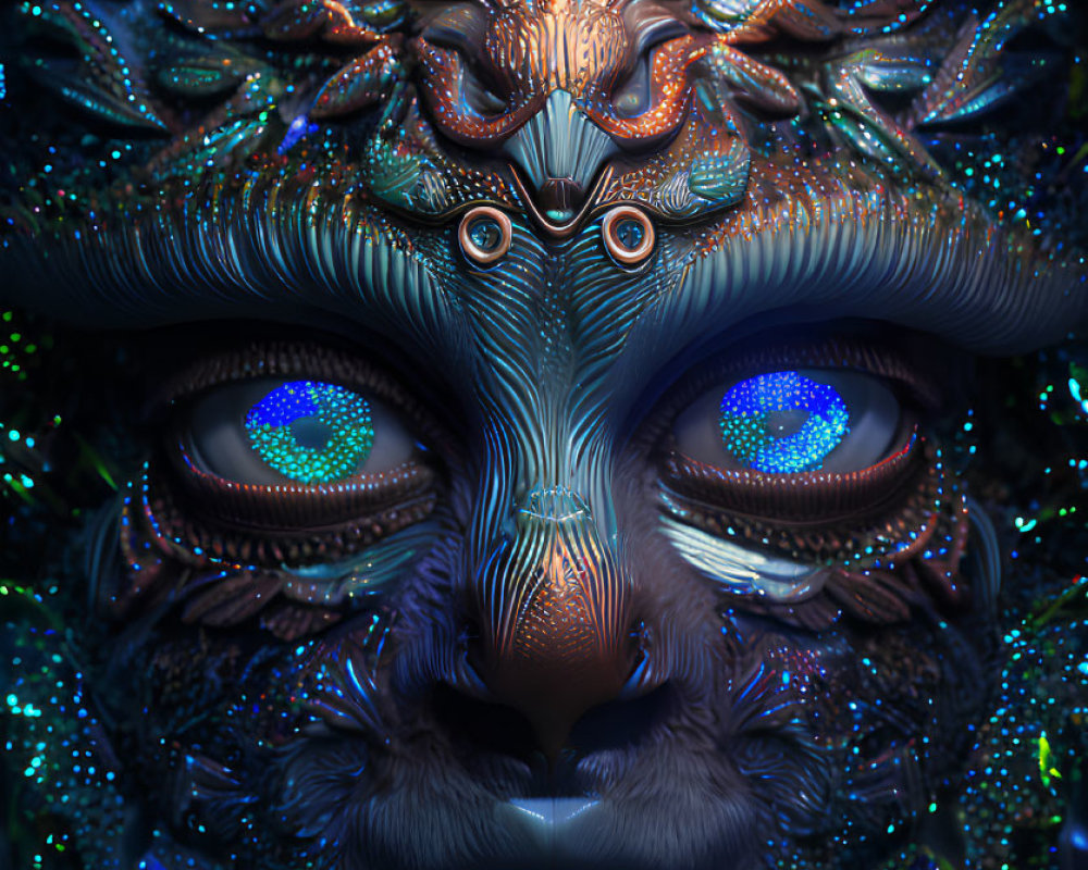 Colorful digital artwork: surreal face with multiple eyes and intricate patterns