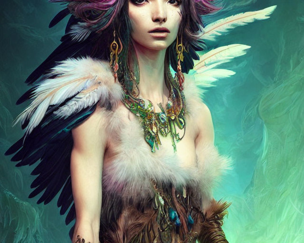 Elaborate Feather Headdress and Ornate Jewelry on Fur-Clad Figure