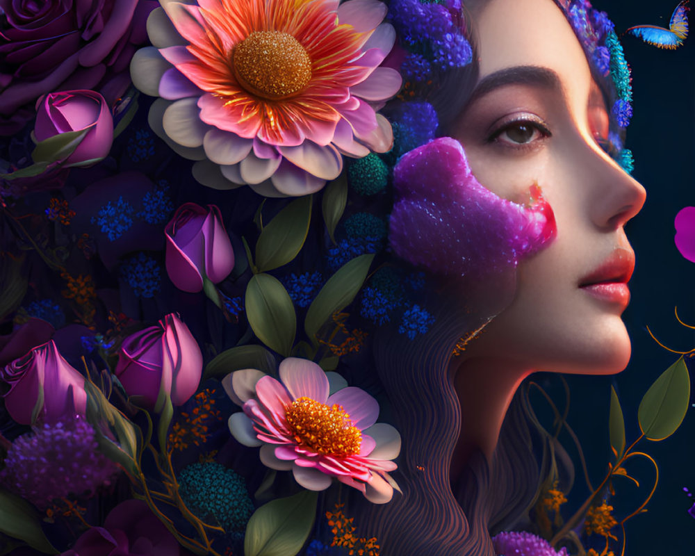 Colorful surreal portrait of woman with flowers and butterflies blending into hair and background