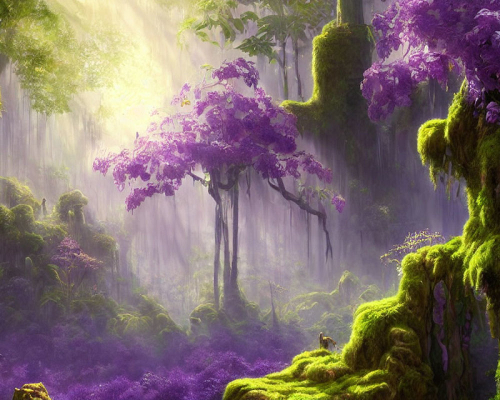 Vibrant purple trees in mystical forest with sunlight and green moss