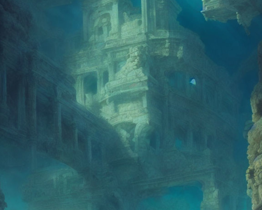 Mysterious Ancient Submerged City in Ethereal Blue Light