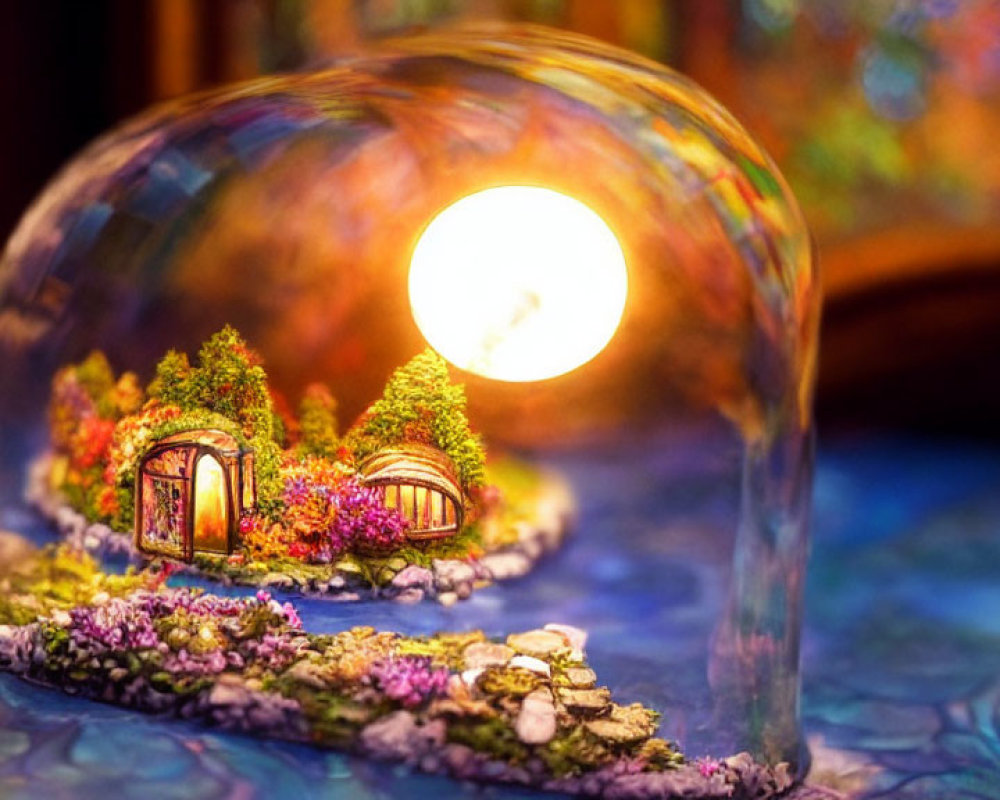 Miniature garden with vibrant flowers and trees under glass dome and warm glow bulb