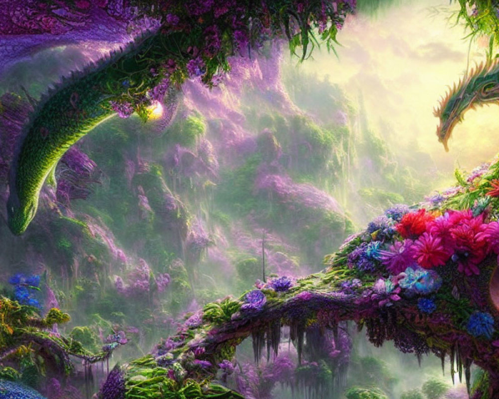 Fantasy landscape with lush greenery, colorful flowers, and dragon head.