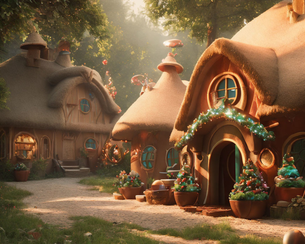 Thatched-Roof Cottages in Enchanting Village at Dusk