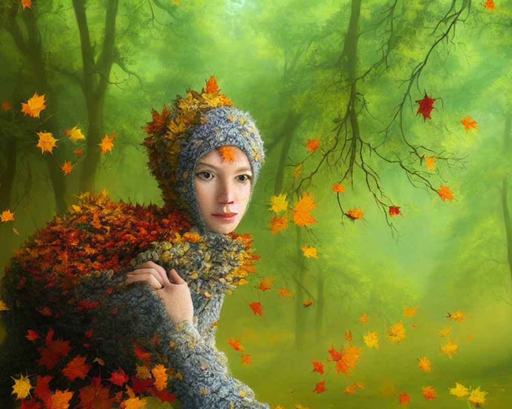 Person in Textured Autumnal Outfit Blending with Vibrant Forest Scene